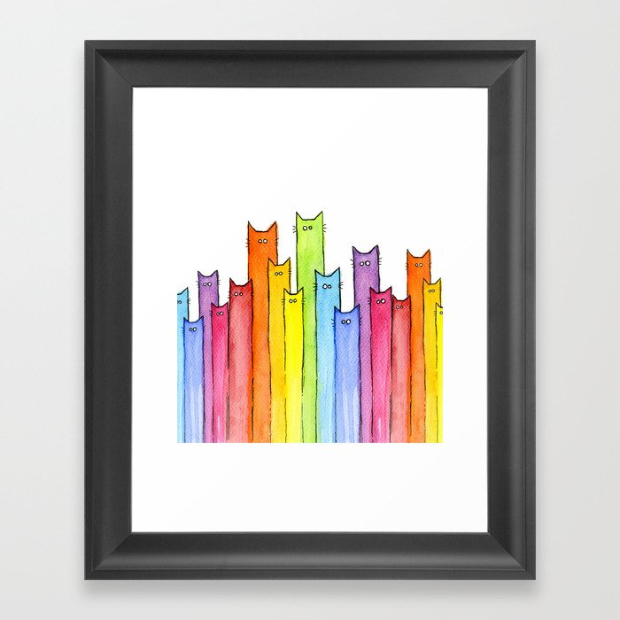 Cat Rainbow Watercolor Pattern Framed Art Print