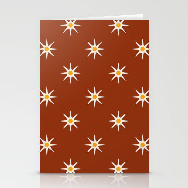 Atomic mid century retro star flower pattern in burnt orange background Stationery Cards