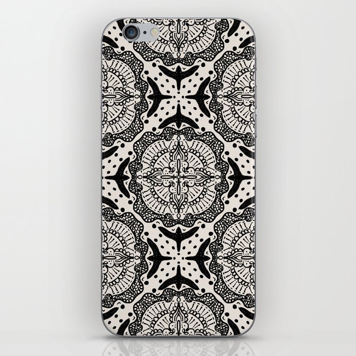 Medallion and Birds - black and cream iPhone Skin