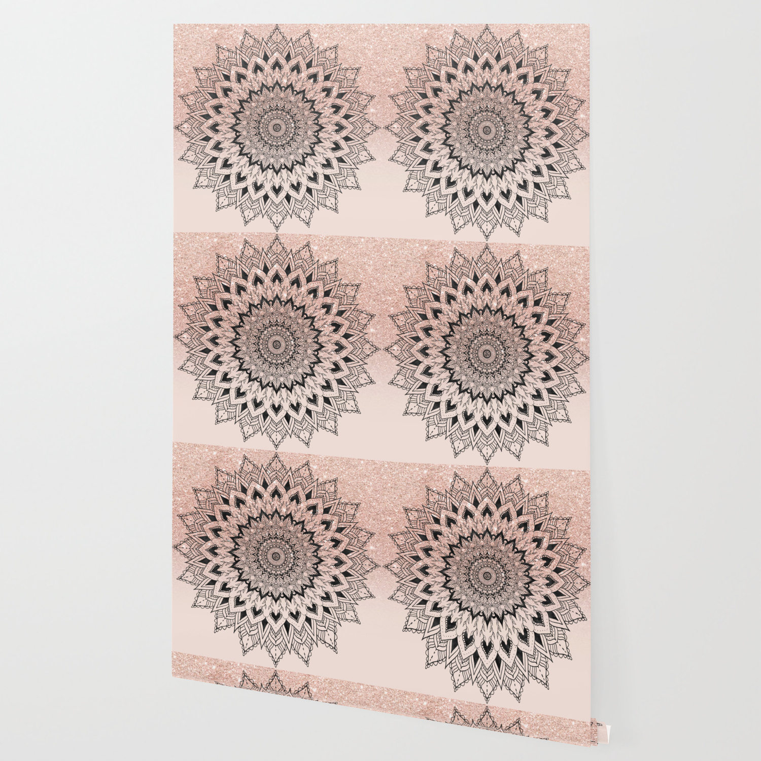 Boho Black Watercolor Floral Mandala Rose Gold Glitter Ombre