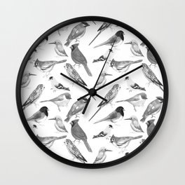 Black and white birds against white graphite artwork Wall Clock
