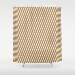 [ Thumbnail: Dark Goldenrod, Salmon, Beige & Sky Blue Colored Striped/Lined Pattern Shower Curtain ]