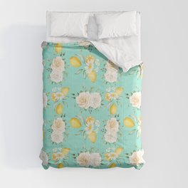 Lemons and White Flowers Pattern On Mint Blue Background Comforter