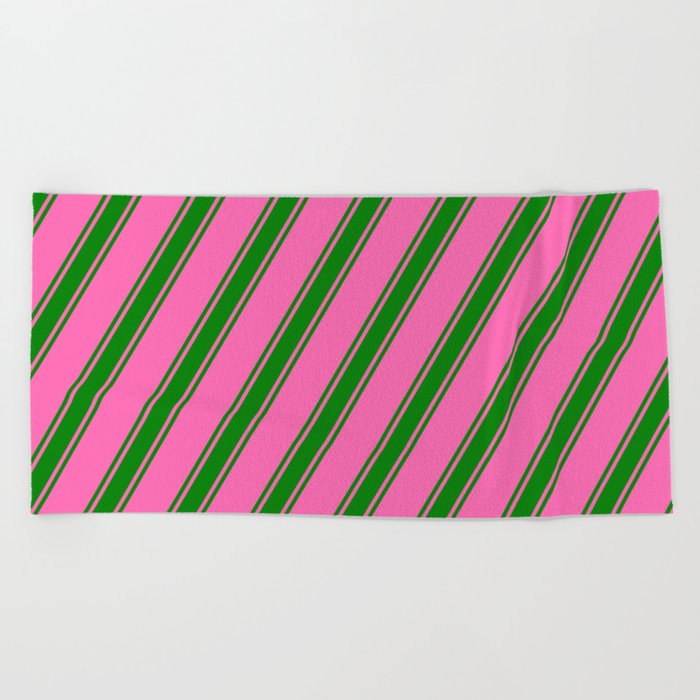 Hot Pink and Green Colored Lined/Striped Pattern Beach Towel