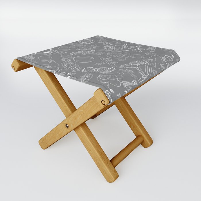 Grey and White Toys Outline Pattern Folding Stool