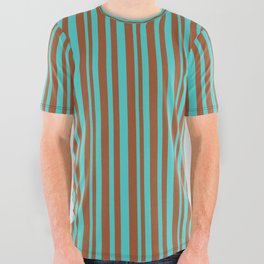 [ Thumbnail: Sienna & Turquoise Colored Striped/Lined Pattern All Over Graphic Tee ]