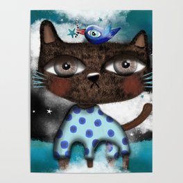 Good night ugly cat stars pijama bird  Poster