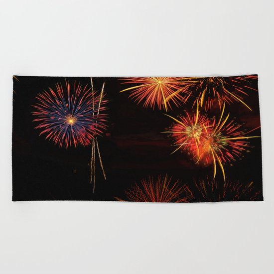 Fireworks Reflection In Water - OLena Art Beach Towel