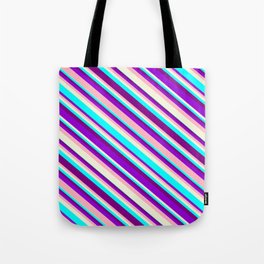 [ Thumbnail: Dark Violet, Light Pink, Beige, Cyan, and Purple Colored Lines Pattern Tote Bag ]