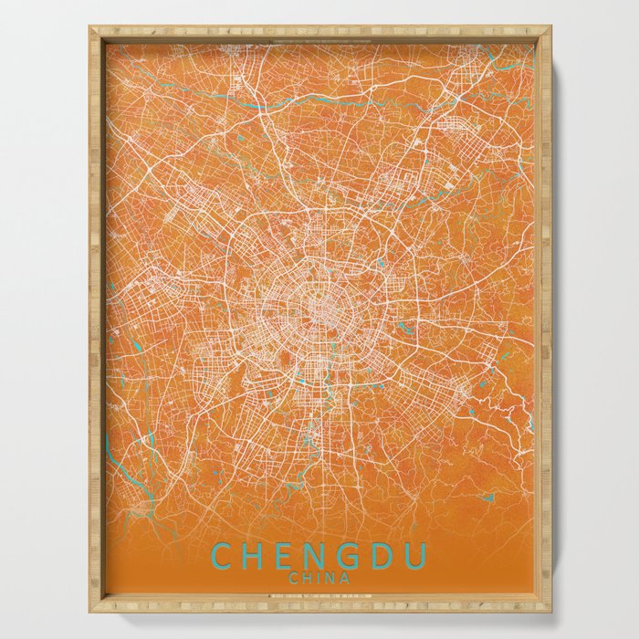 Chengdu, Sichuan, China, Gold, Blue, City, Map Serving Tray