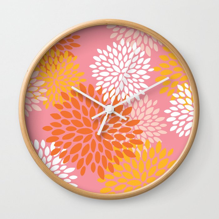 Floral Prints, Pink, Orange, Yellow Wall Clock