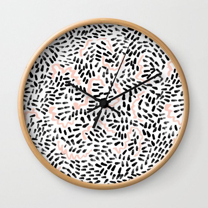 Helena - black white rose quartz abstract squiggle dot mark making painting brushstrokes minimal  Wall Clock