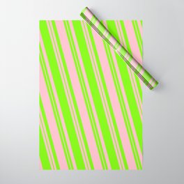 [ Thumbnail: Pink & Green Colored Lined/Striped Pattern Wrapping Paper ]