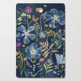 Cyanotype Painting (Hibiscus, Daisies, Cosmos, Ferns, Monarch) Cutting Board