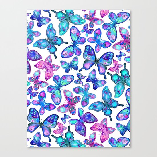 Watercolor Fruit Patterned Butterflies - aqua and sapphire Canvas Print