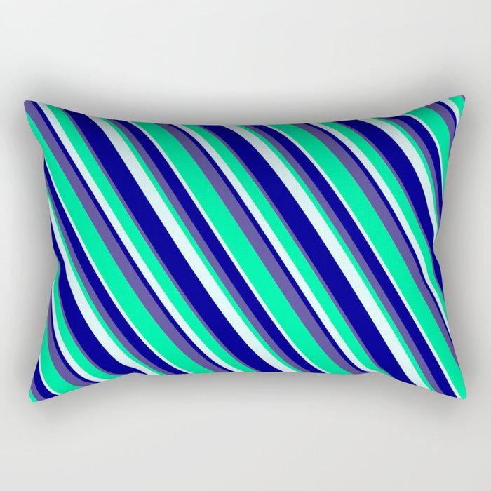 Green, Light Cyan, Blue & Dark Slate Blue Colored Lines/Stripes Pattern Rectangular Pillow