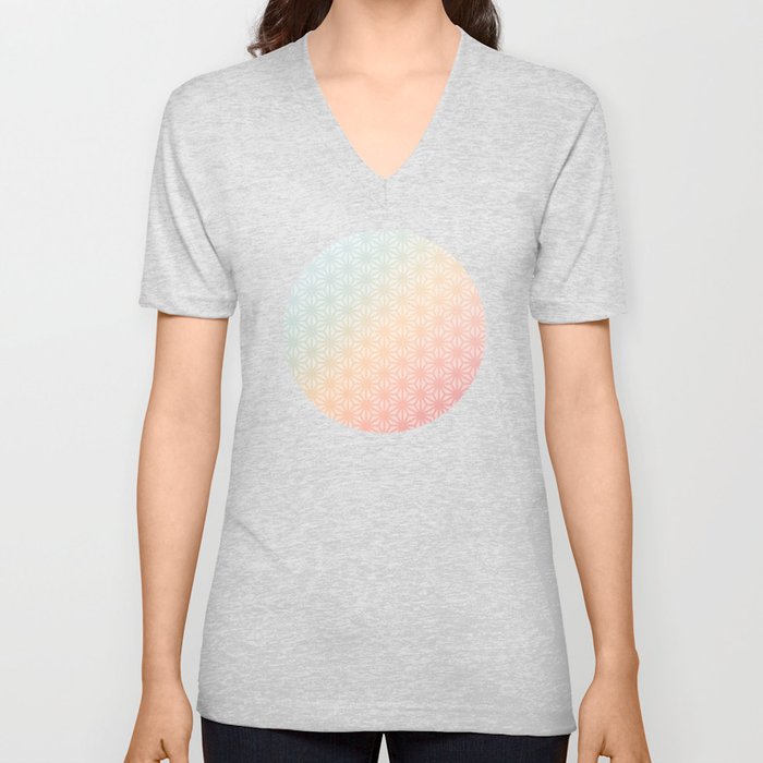 Japanese Asanoha Pattern in Rainbow Gradient V Neck T Shirt