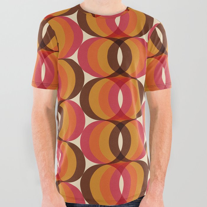 Magenta, Orange, Brown, and Ivory Retro 1960s Wavy Pattern All Over Graphic Tee