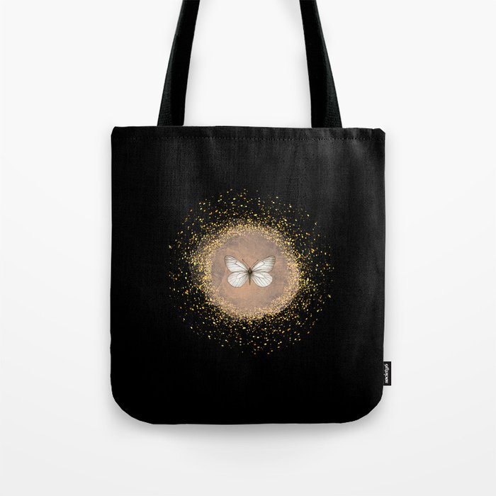 Hand-Drawn Butterfly and Gold Circle Frame on Black Tote Bag