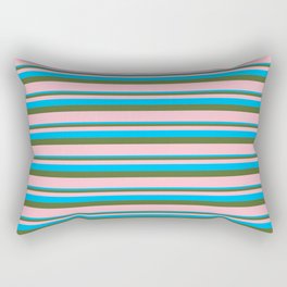 [ Thumbnail: Deep Sky Blue, Dark Olive Green & Pink Colored Lined/Striped Pattern Rectangular Pillow ]