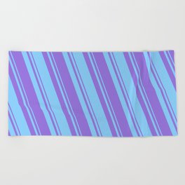 [ Thumbnail: Light Sky Blue & Purple Colored Striped/Lined Pattern Beach Towel ]