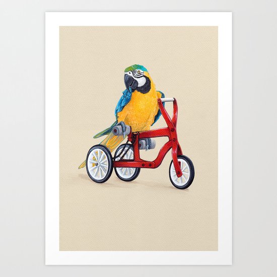Parrot macaw on red bike Art Print