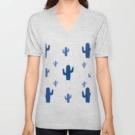 Blue Cactus Pattern V Neck T Shirt