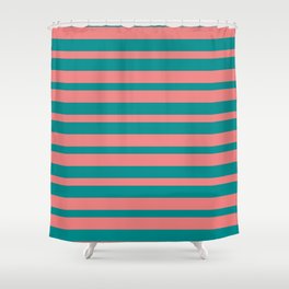 [ Thumbnail: Dark Cyan & Light Coral Colored Stripes Pattern Shower Curtain ]