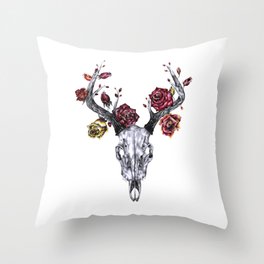 Deer Skull with Roses Throw Pillow