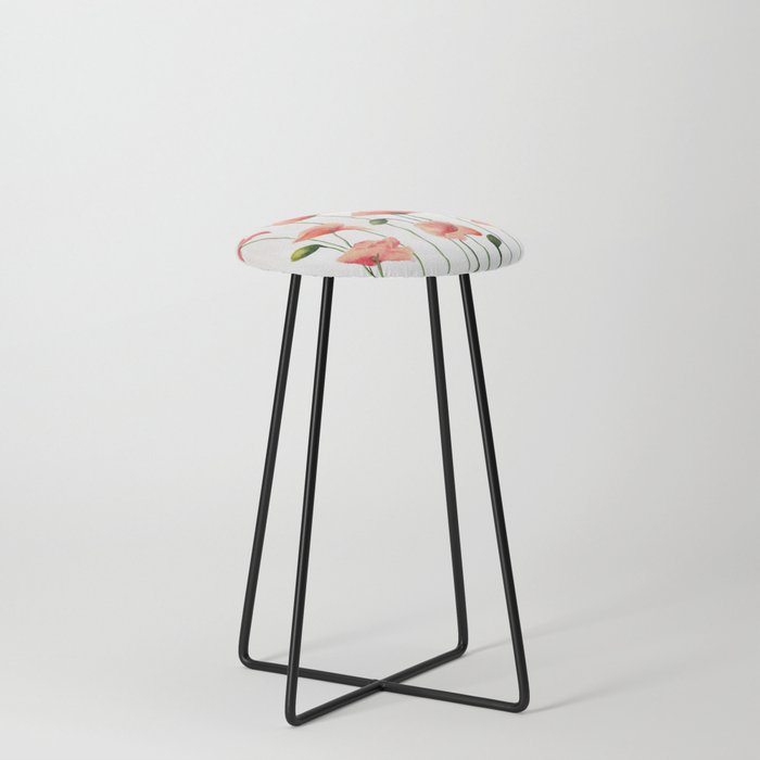 Poppies Watercolor White Background  Counter Stool