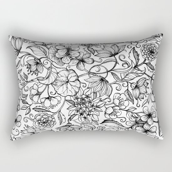 Hand drawn pencil floral pattern in black and white Rectangular Pillow