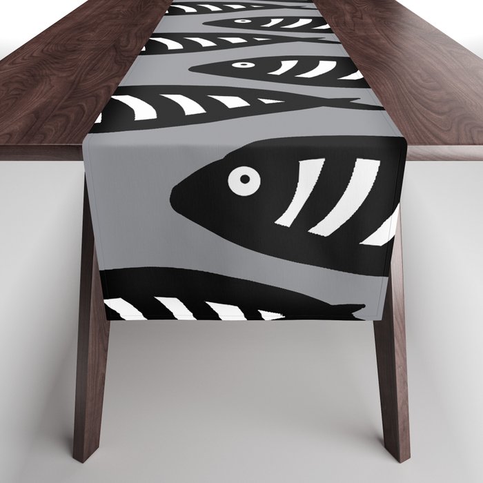 Abstract black and white fish pattern Pale blue Table Runner