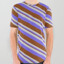 [ Thumbnail: Light Gray, Medium Slate Blue & Brown Colored Pattern of Stripes All Over Graphic Tee ]