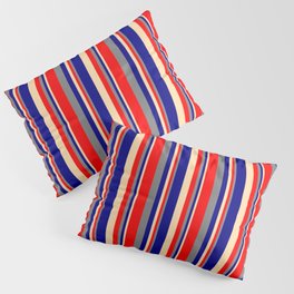[ Thumbnail: Tan, Blue, Gray & Red Colored Lines/Stripes Pattern Pillow Sham ]