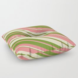 [ Thumbnail: Bisque, Green, and Light Coral Colored Striped/Lined Pattern Floor Pillow ]