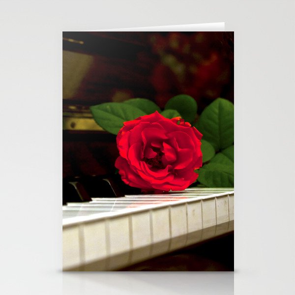 ROMANTIC RED ROSE FLOWER ON PIANO Stationery Cards