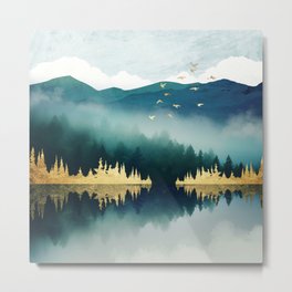 Mist Reflection Metal Print | Abstract, Lake, Forest, Green, Sea, Contemporary, Trees, Birds, Teal, Mountains 