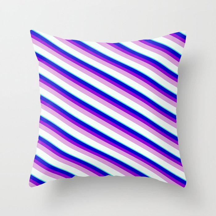 Blue, Dark Violet, Plum, Mint Cream & Turquoise Colored Stripes/Lines Pattern Throw Pillow