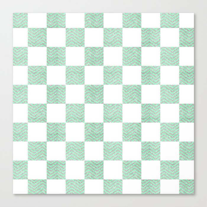 Elegant Teal Silver Glitter Chevron Checkers Pattern Canvas Print