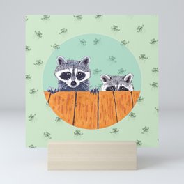 Peeking Raccoons #3 Pastel Green Mini Art Print