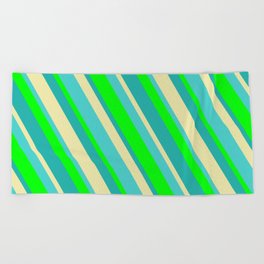 [ Thumbnail: Lime, Light Sea Green, Pale Goldenrod & Turquoise Colored Stripes/Lines Pattern Beach Towel ]