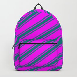 [ Thumbnail: Fuchsia and Teal Colored Stripes Pattern Backpack ]