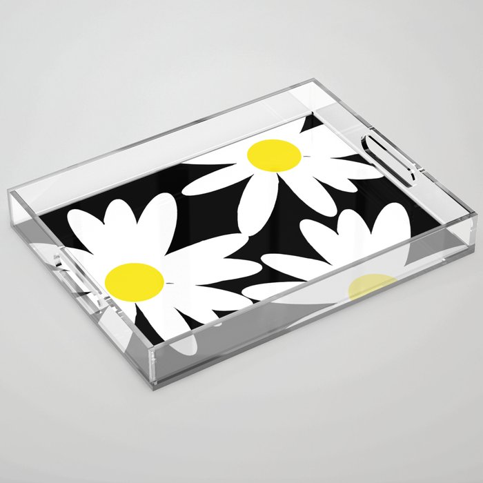 Large Daisy Flowers White Petals Black Background #decor #society6 #buyart Acrylic Tray
