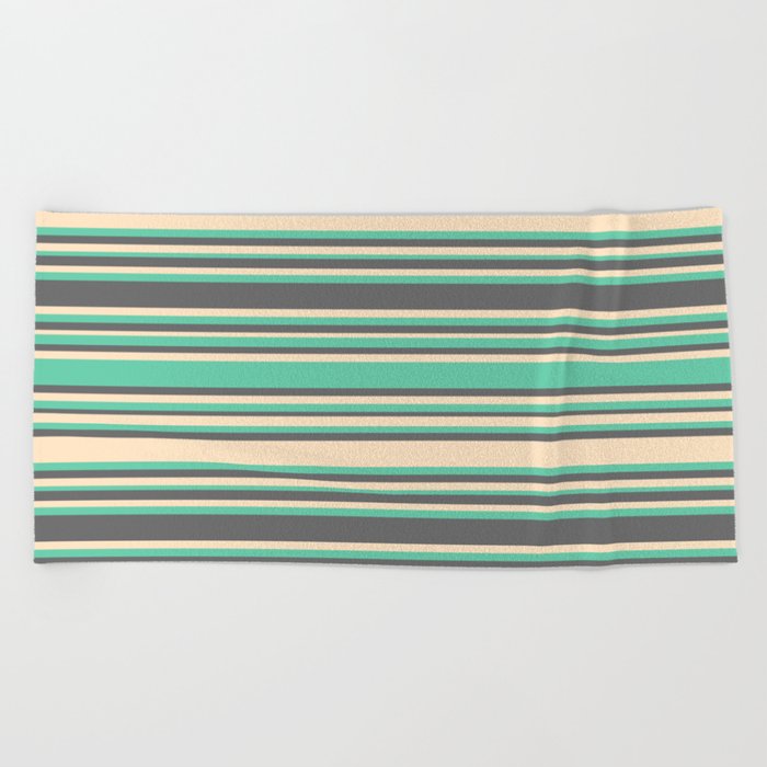 Aquamarine, Dim Gray, and Bisque Colored Lines/Stripes Pattern Beach Towel