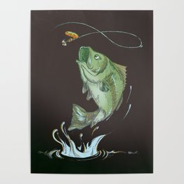 Largemouth Bass Jumping Out Of Water At Night // Spinner lure // Splashing Water // Fish On! Poster