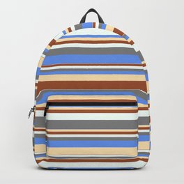 [ Thumbnail: Colorful Sienna, Mint Cream, Gray, Cornflower Blue & Beige Colored Striped Pattern Backpack ]