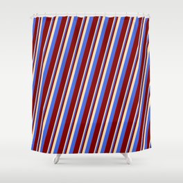 [ Thumbnail: Tan, Royal Blue, and Maroon Colored Lines Pattern Shower Curtain ]