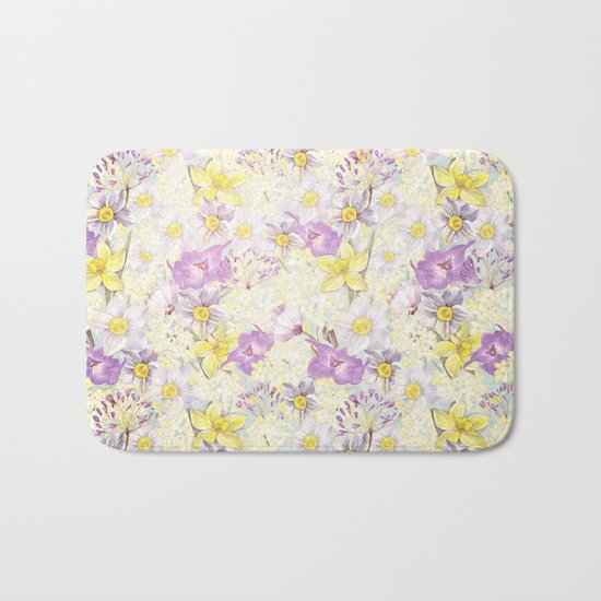 Vintage pattern- Spring in purple and yellow- daffodils and anemones Bath Mat