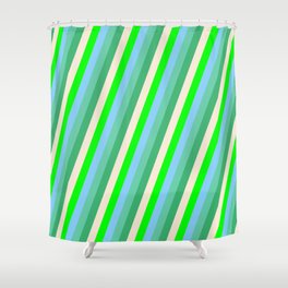 [ Thumbnail: Vibrant Lime, Light Sky Blue, Aquamarine, Sea Green & Beige Colored Stripes/Lines Pattern Shower Curtain ]