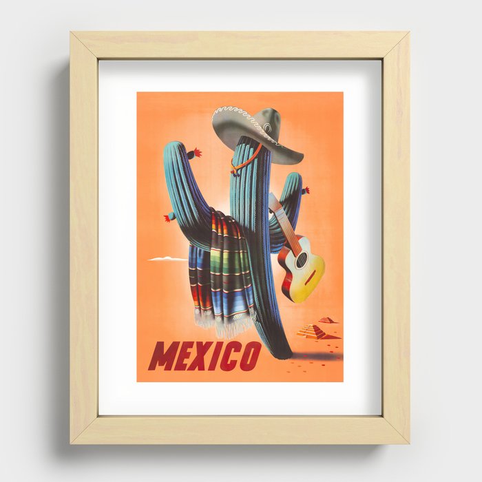 Mexico, Cactus, Retro Vintage Travel Poster Recessed Framed Print